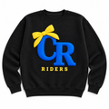 A black crewneck sweatshirt featuring a large graphic on the chest with a yellow bow, blue 'CR' letters, and yellow 'RIDERS' text, shown on a plain white background.