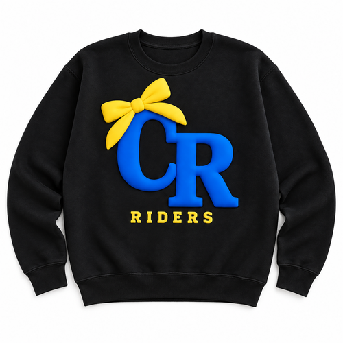 A black crewneck sweatshirt featuring a large graphic on the chest with a yellow bow, blue 'CR' letters, and yellow 'RIDERS' text, shown on a plain white background.