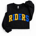 A black crewneck sweatshirt with 'RIDERS' arched across the chest in bold yellow and blue block letters, shown on a clean white background.