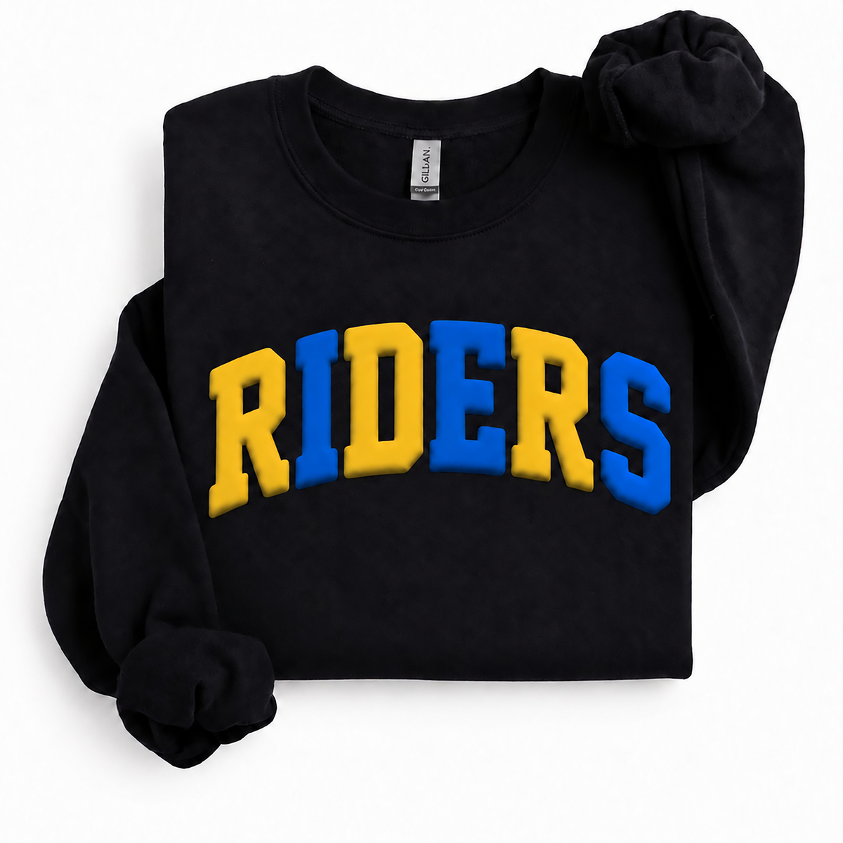 A black crewneck sweatshirt with 'RIDERS' arched across the chest in bold yellow and blue block letters, shown on a clean white background.