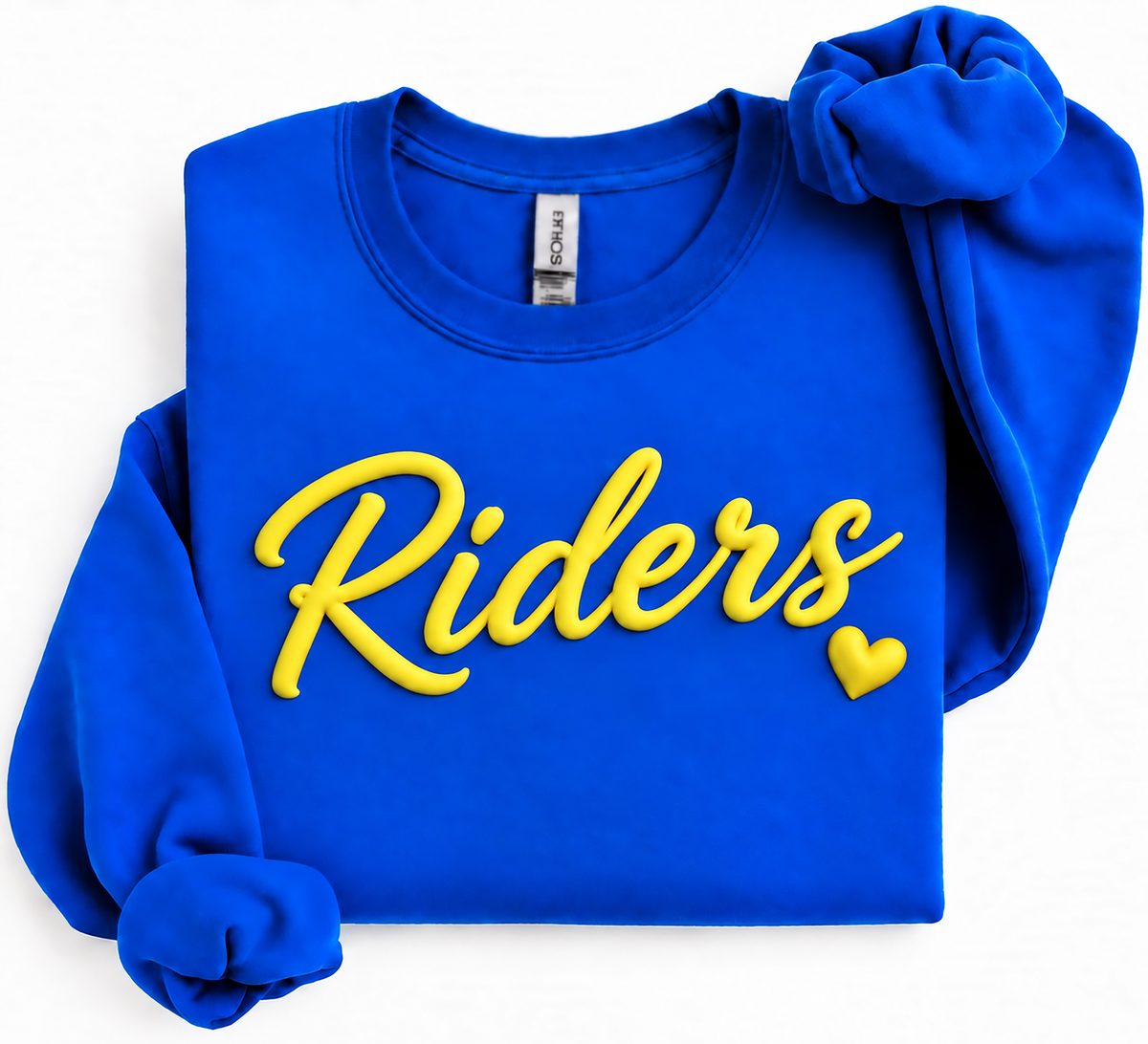 A royal blue sweatshirt with 'Riders' written across the chest in yellow script and a small yellow heart, shown on a plain white background.